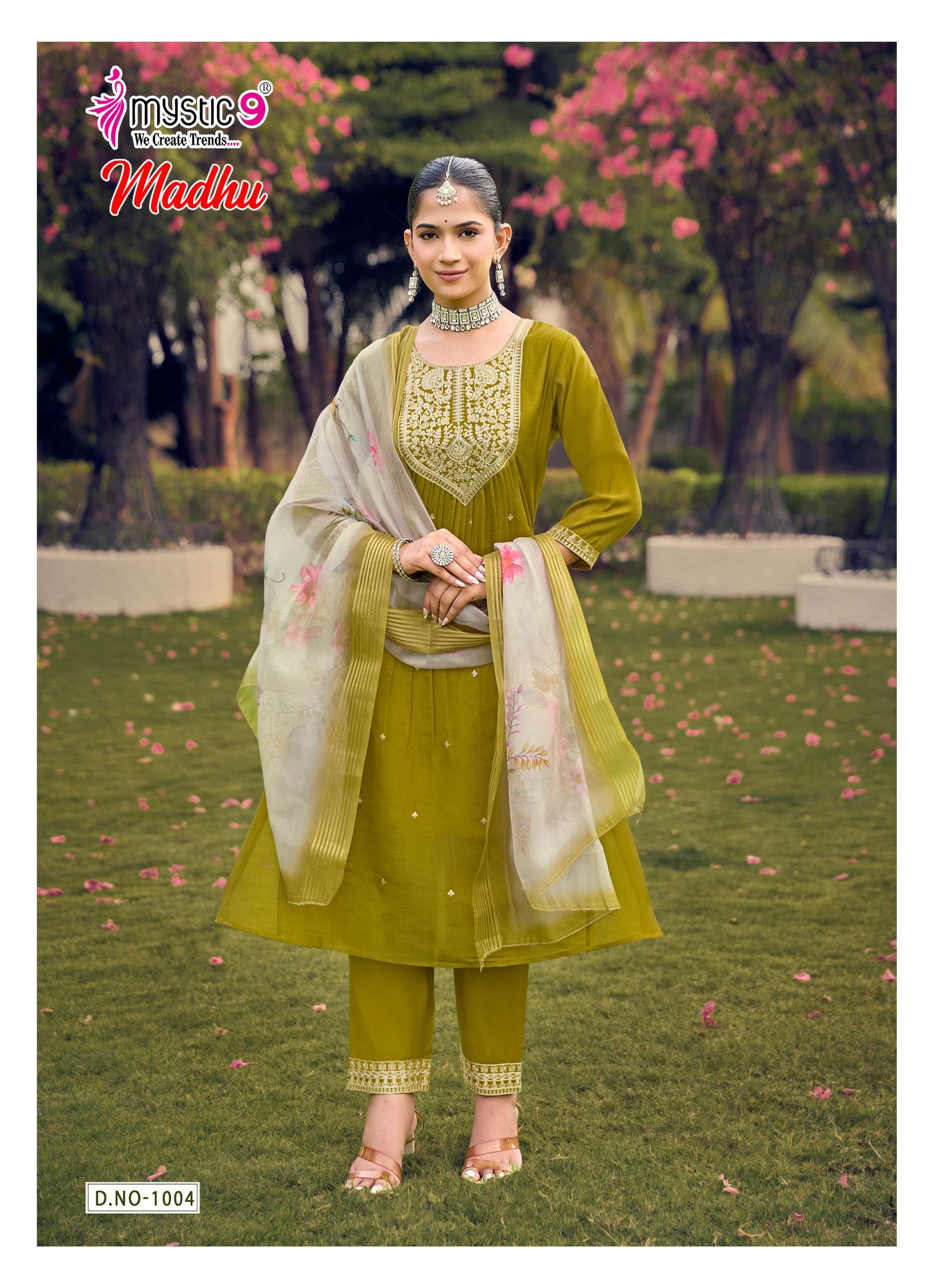 MYSTIC 9 MADHU VOL 1 CHANDERI DYED FLARED CUT CATALOGUE RUND KURTI PANT SUIT TEENAGE BUY